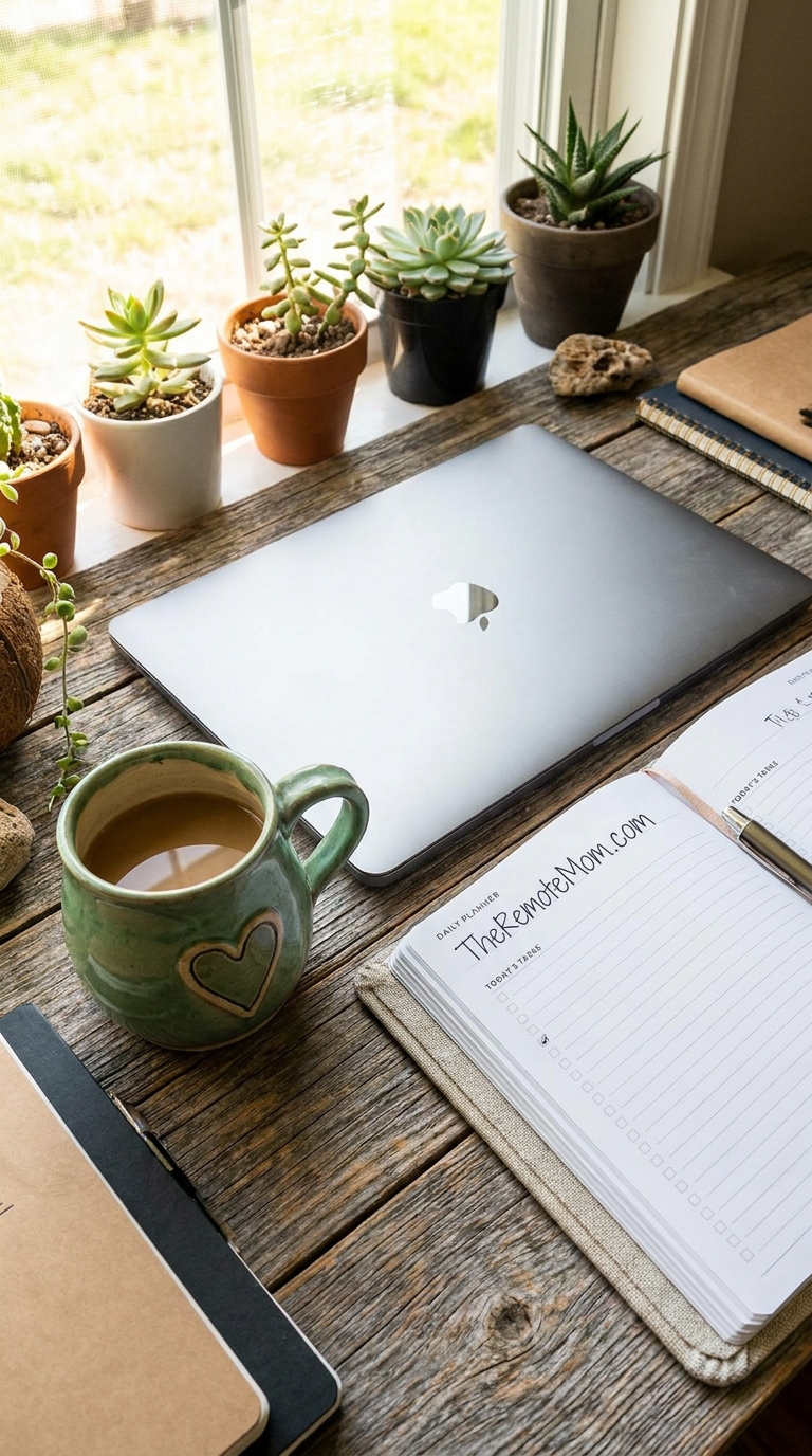 Iced coffee, open journal, glasses and flowers in warm morning sunlight