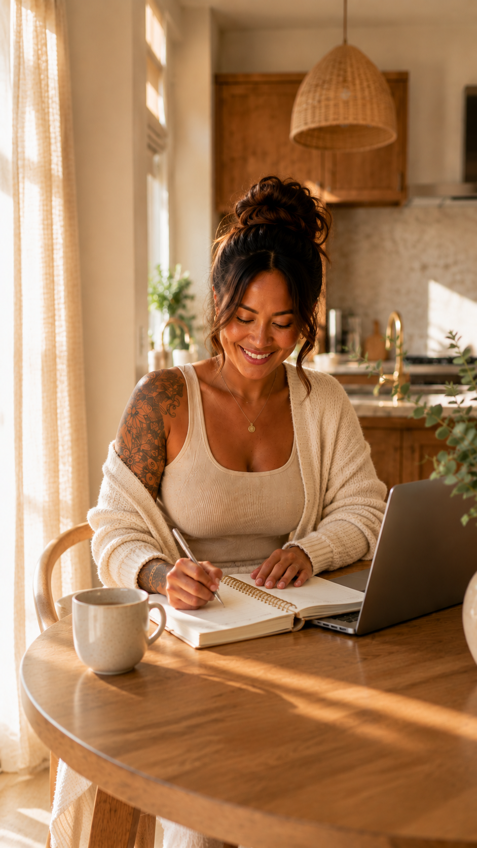 Working mom journaling with coffee and laptop in warm morning light