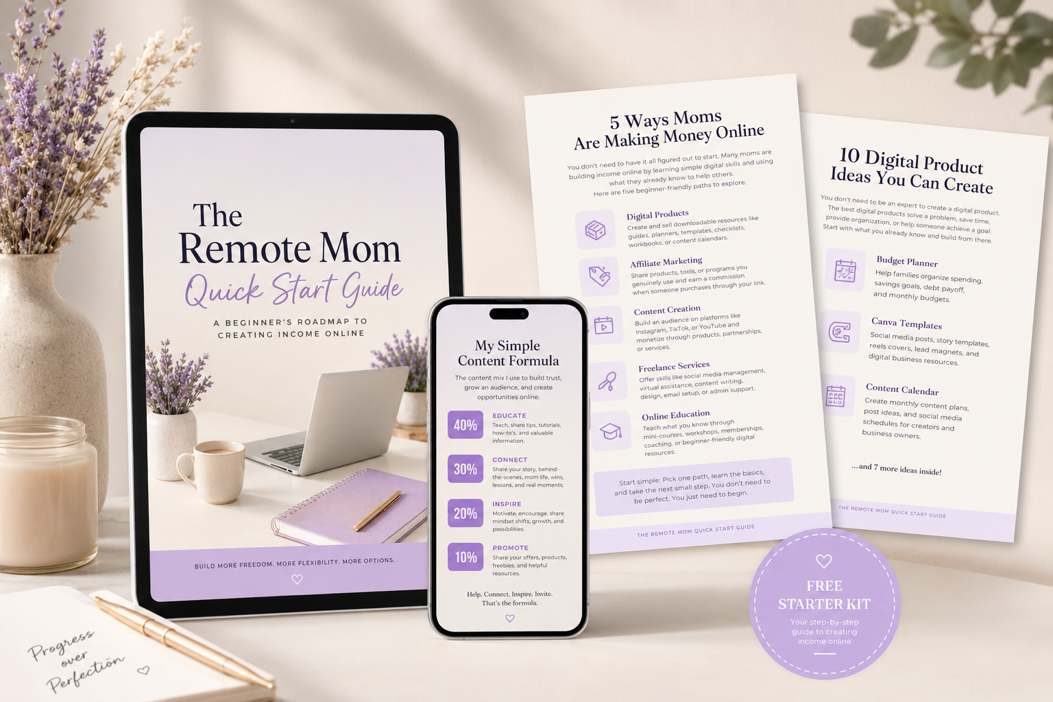 The Remote Mom Free Quick Start Guide mockup shown on tablet and phone