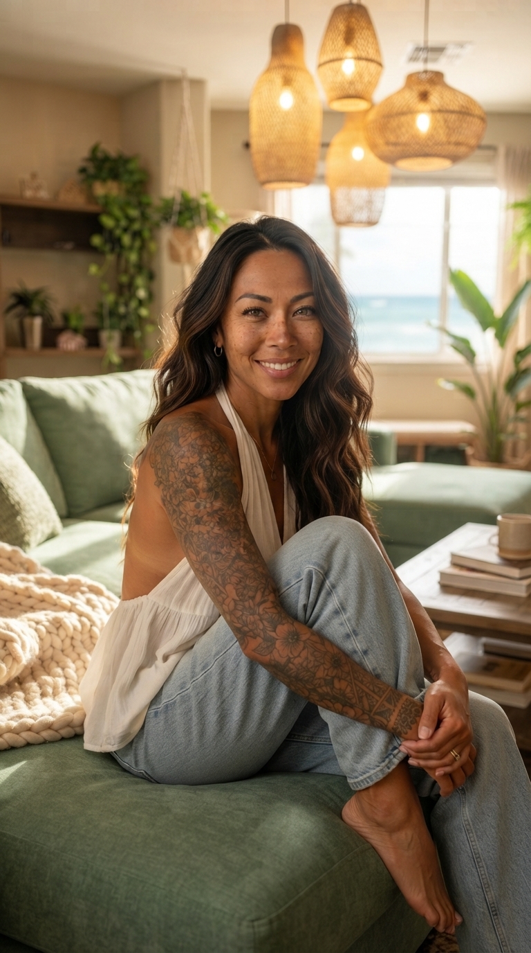 Haunani smiling on a green couch in her sunlit living room