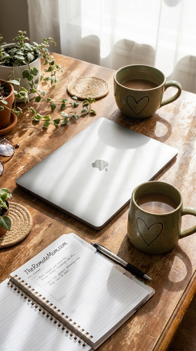 Woman writing in a notebook beside her laptop with a warm cup of coffee