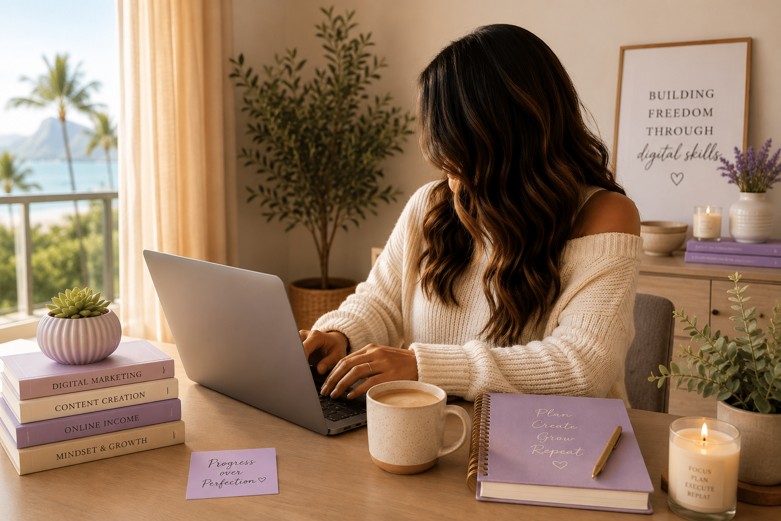 Warm, inviting workspace with a laptop, coffee, planner, and soft lighting