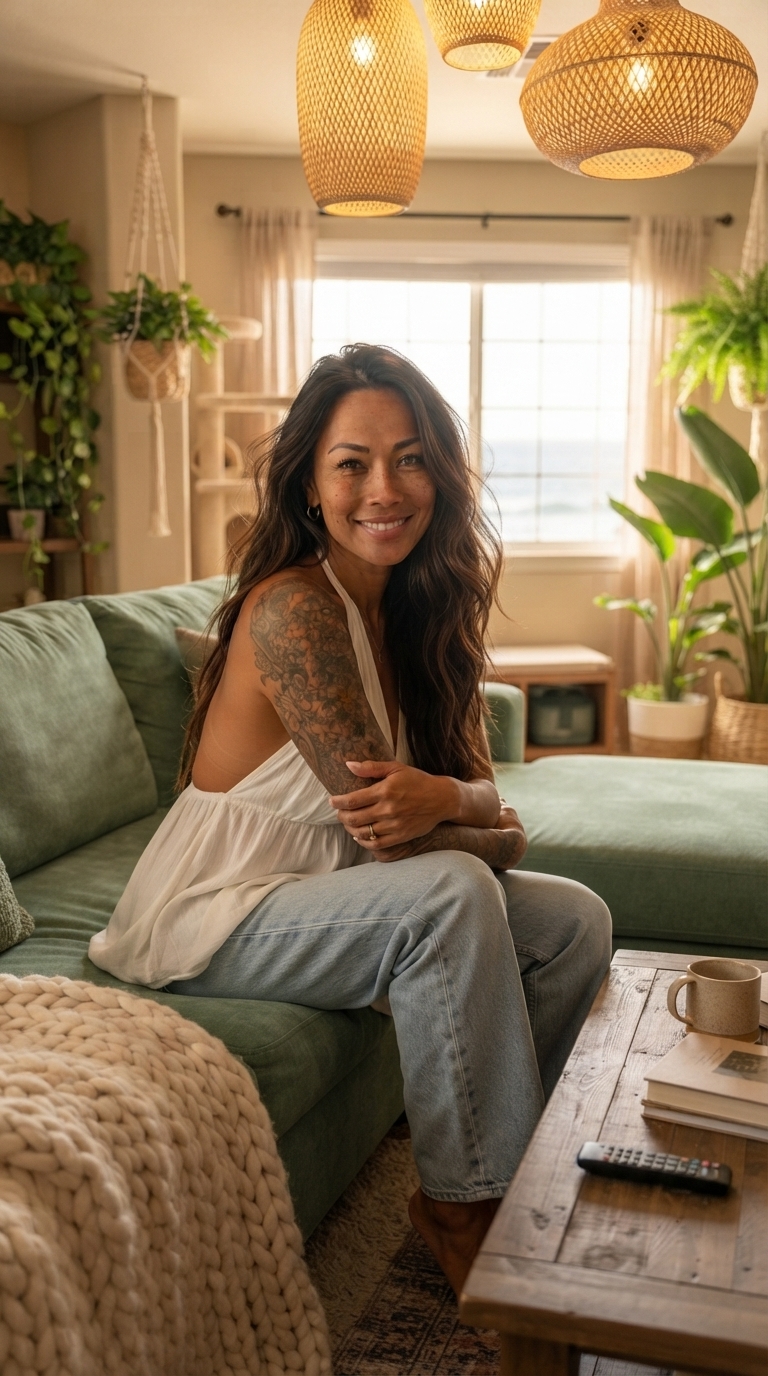 Haunani at home holding a laptop and iced coffee in her kitchen